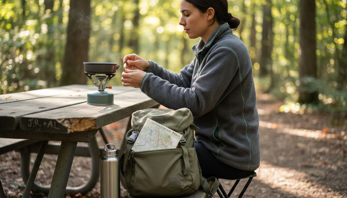 Camper uses collapsible stove and stool outdoors