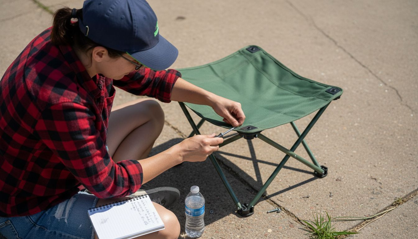 Woman inspecting bolts on camp chair