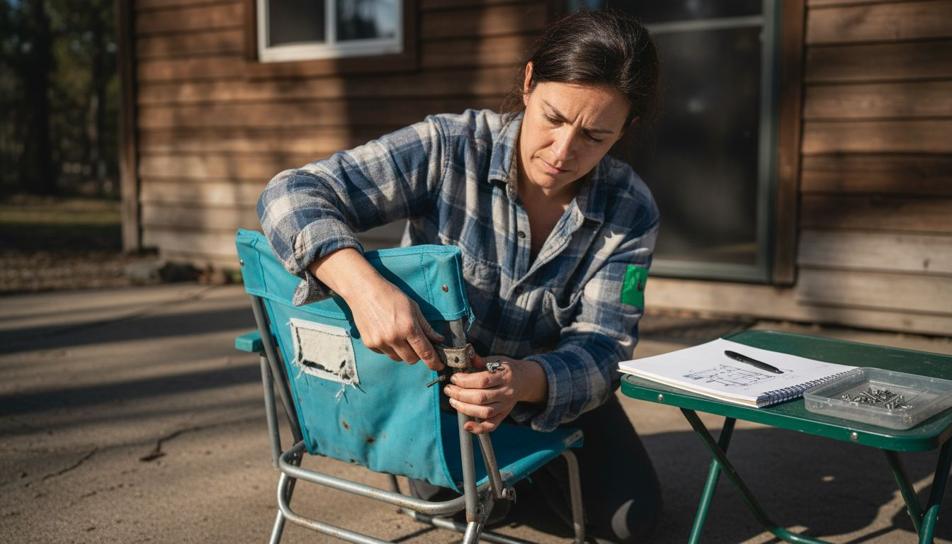 Woman inspecting camp chair hinge outdoors