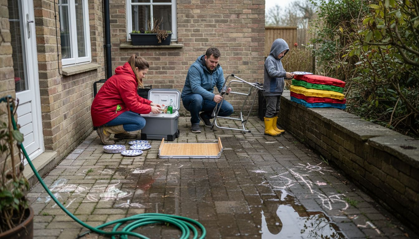 Family assembling compact patio furniture outdoors