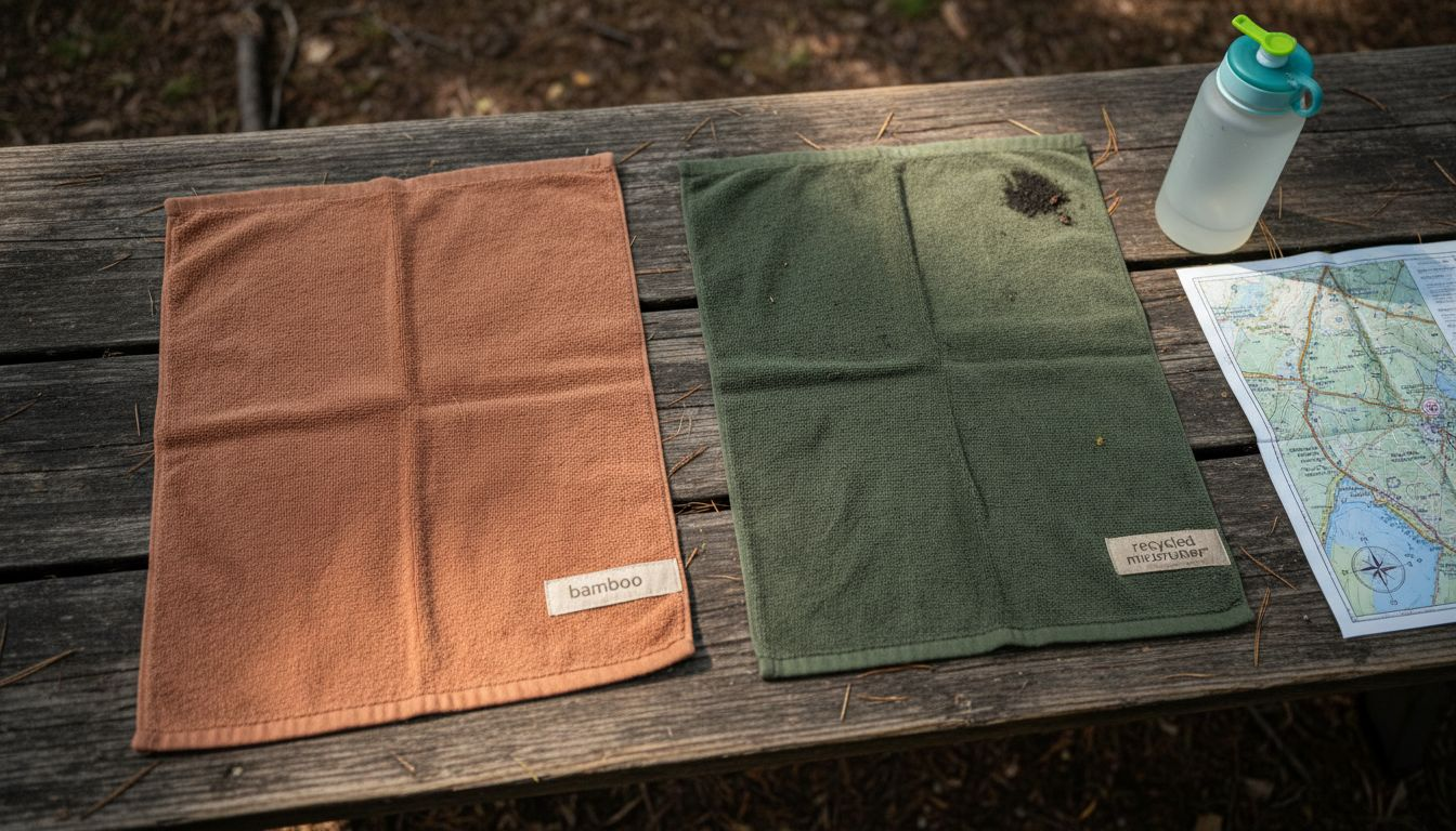 Eco-friendly travel towels on picnic table