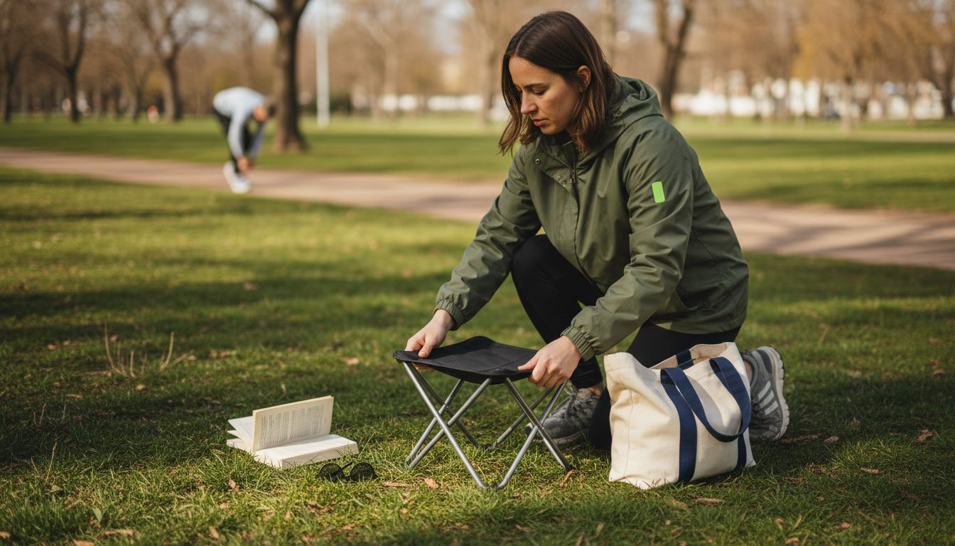 Woman setting up portable chair in park