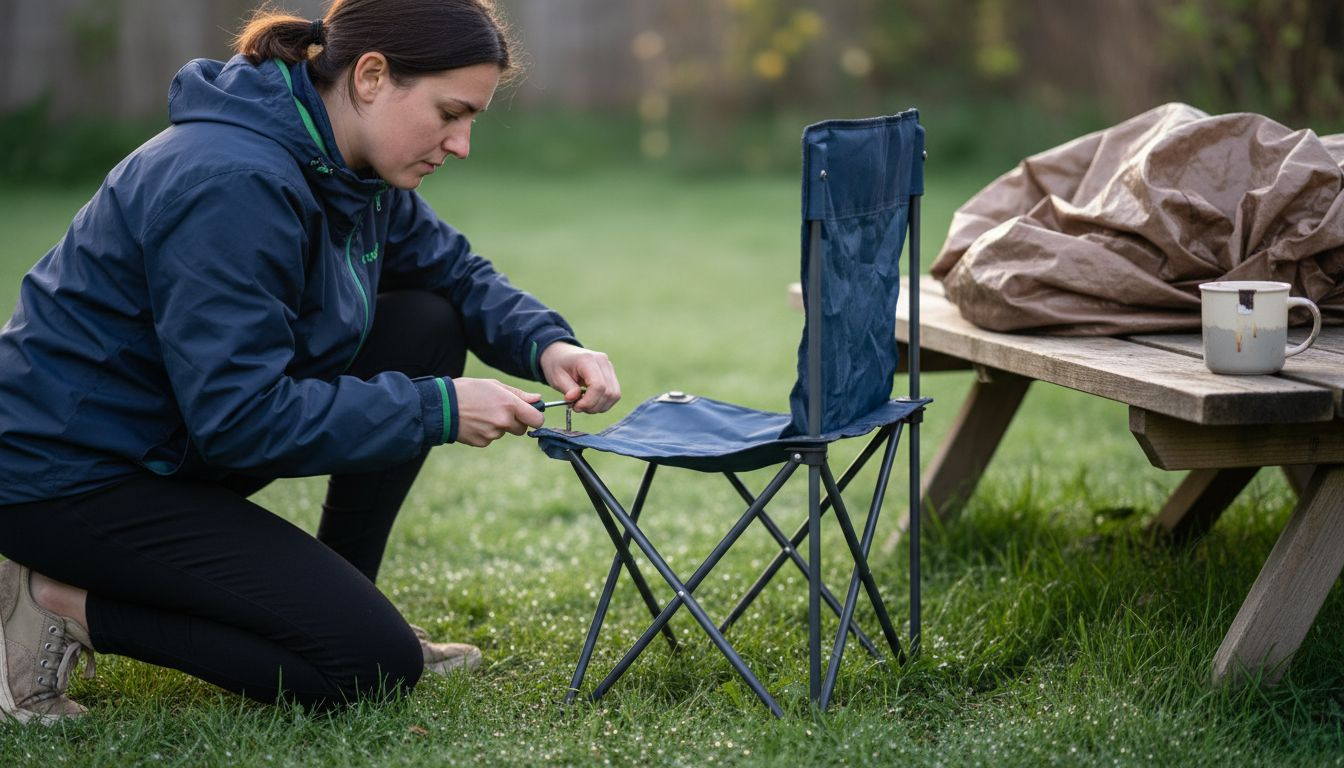 Woman tightening screw on folding chair outdoors