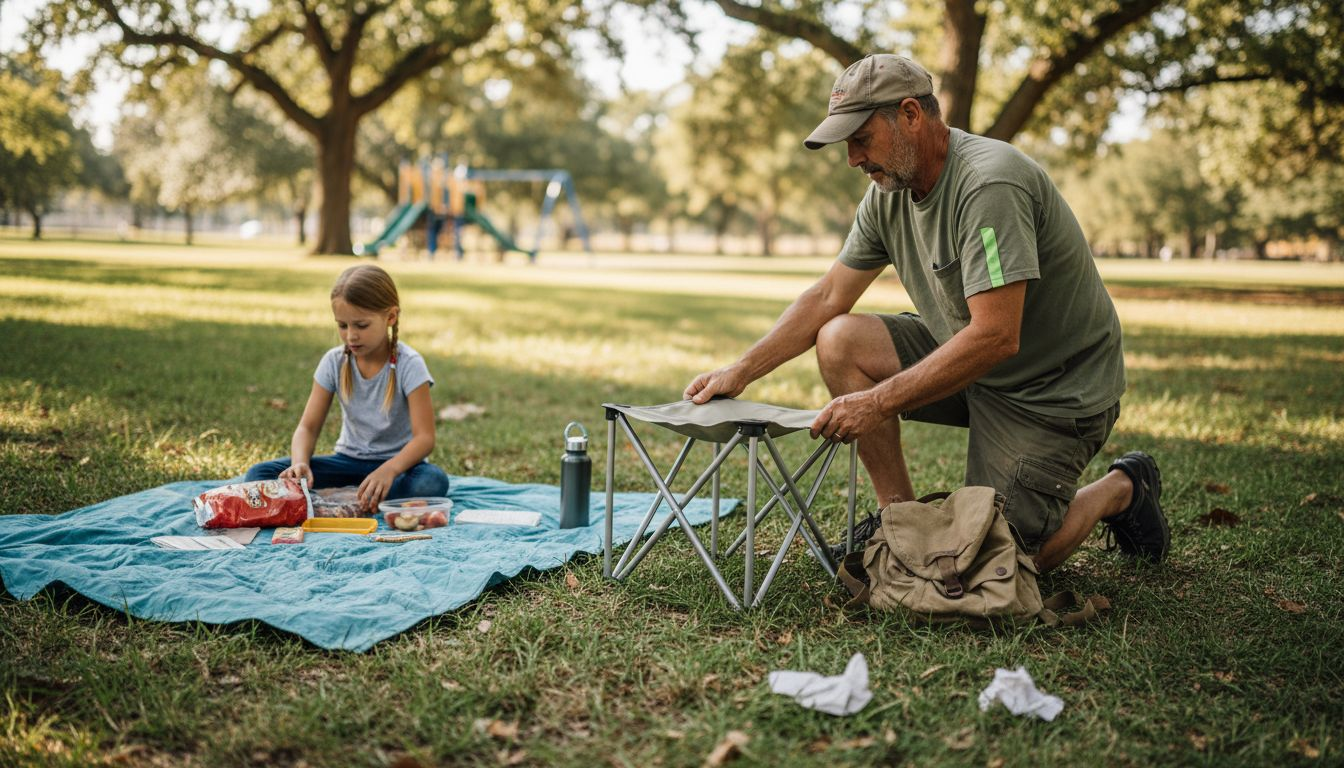 Man adjusts compact chair in city park