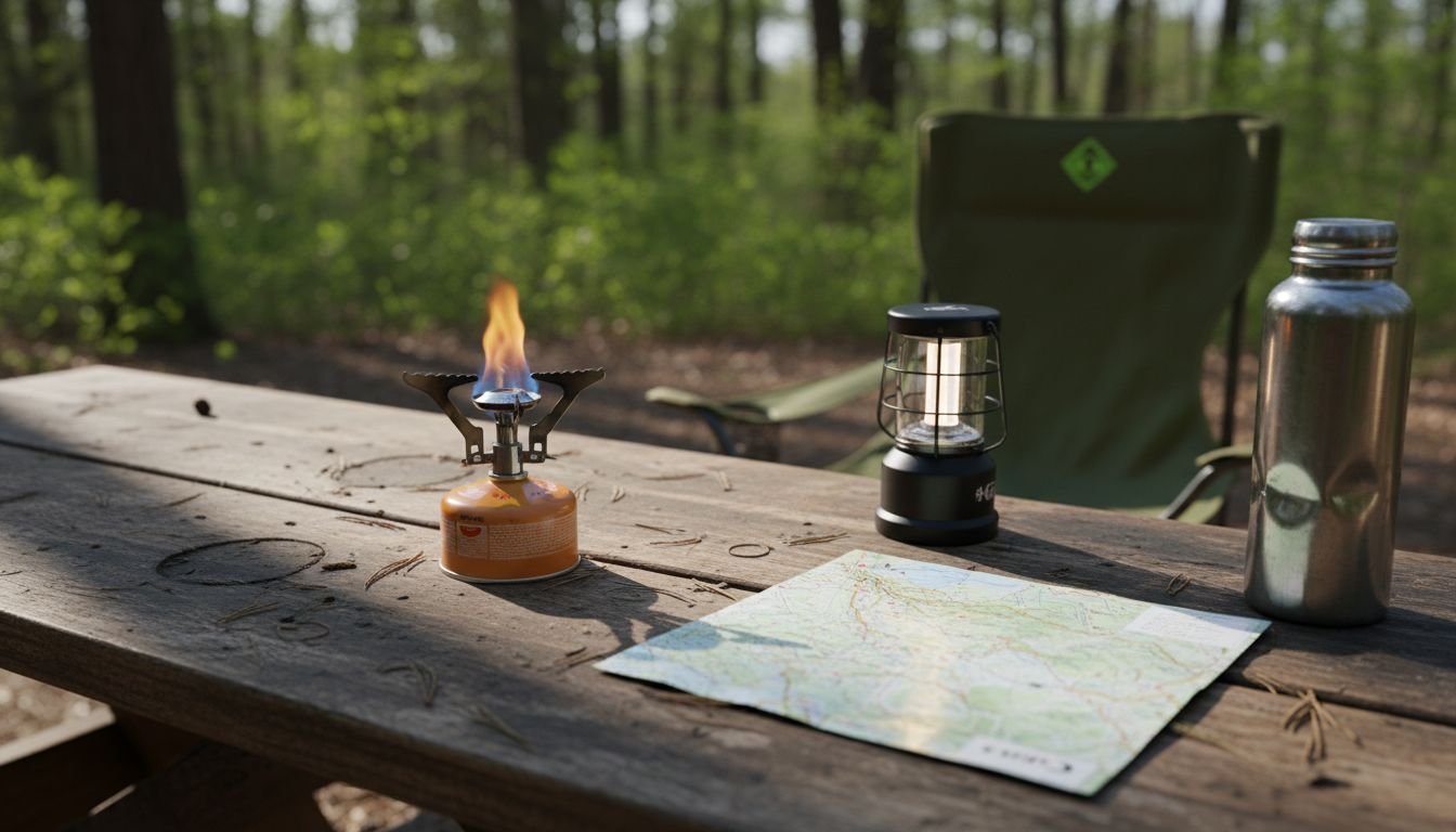 Close-up of essential camping accessories