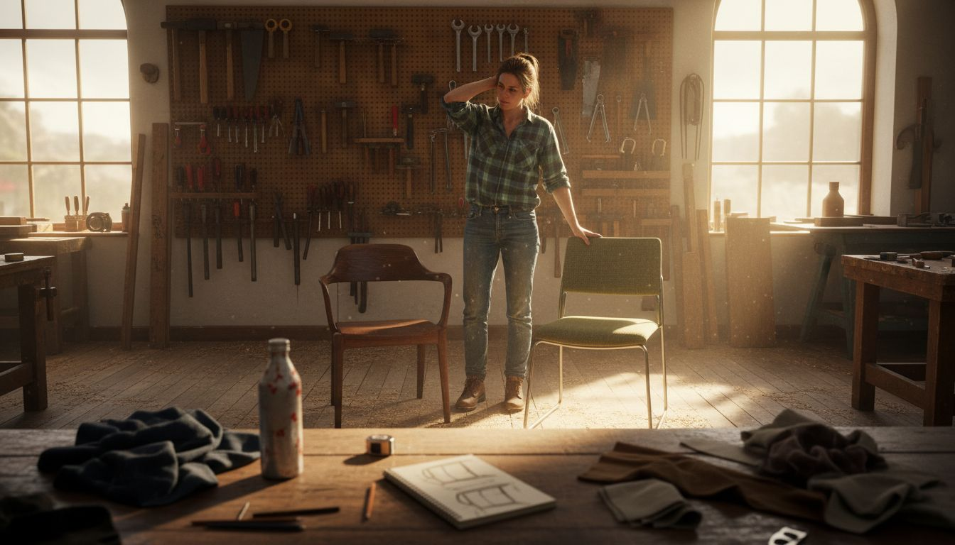 Workshop showing wood and steel chair materials