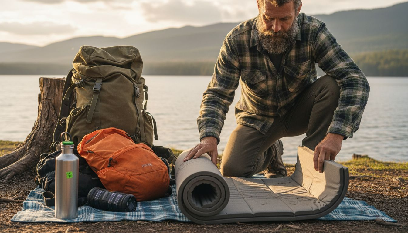 Camper examines memory foam camping pad