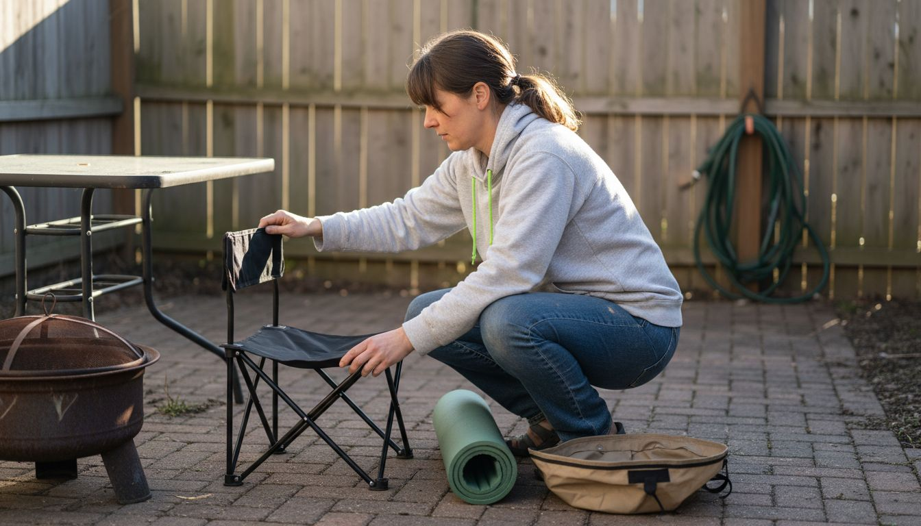 Woman compares portable seating options outdoors