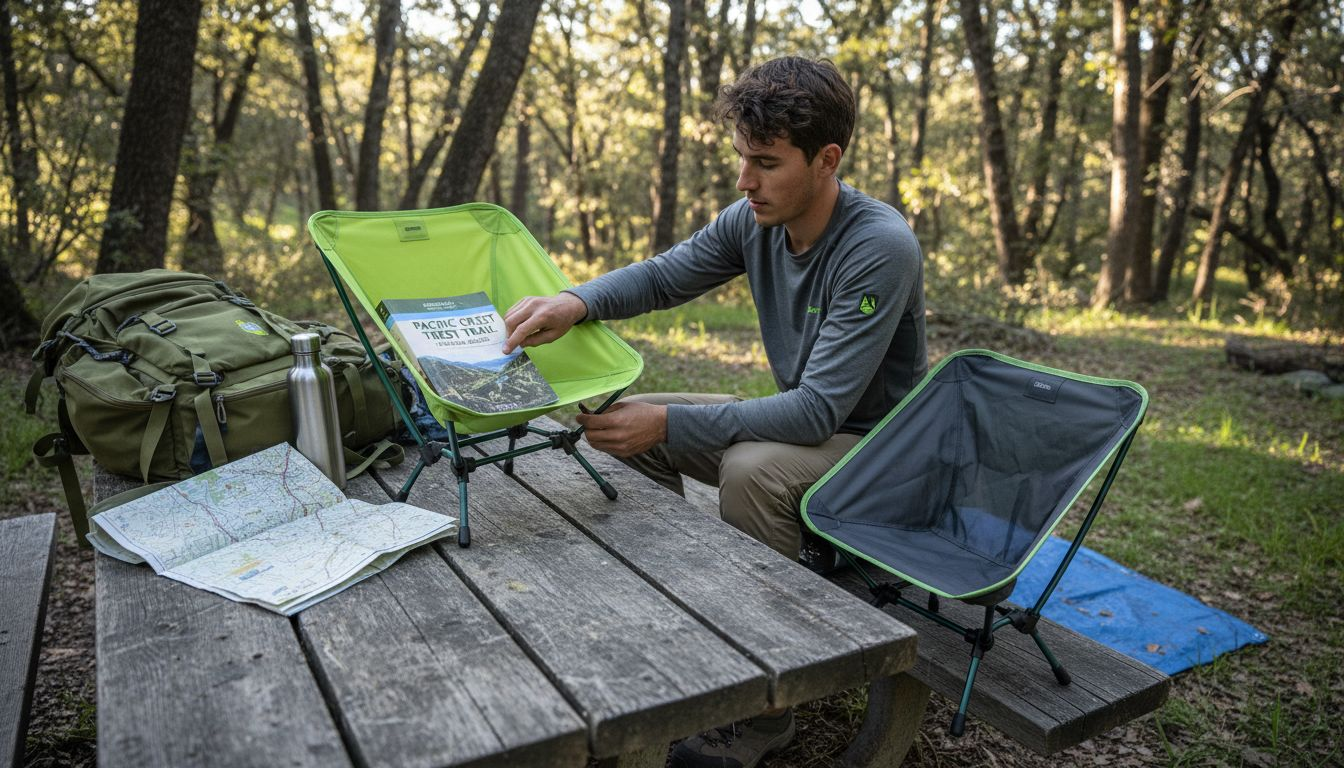 Hiker comparing two folding chairs outdoors