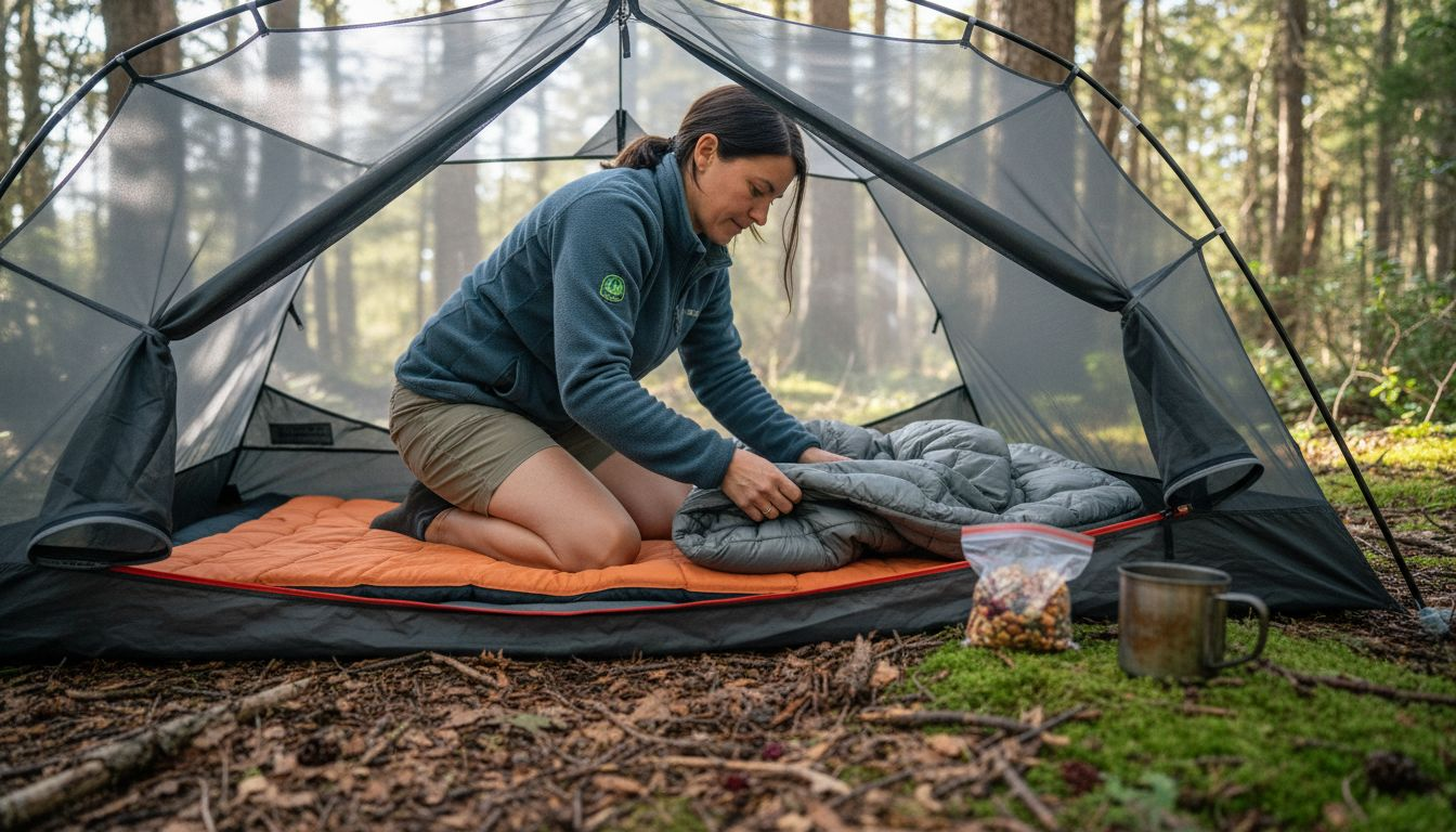 Camper arranging ultralight sleep system in tent