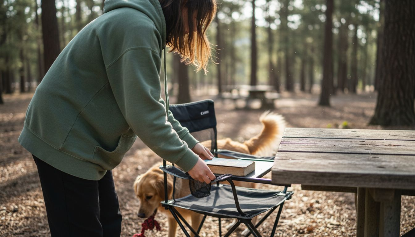 Person adjusting portable folding chair outdoors