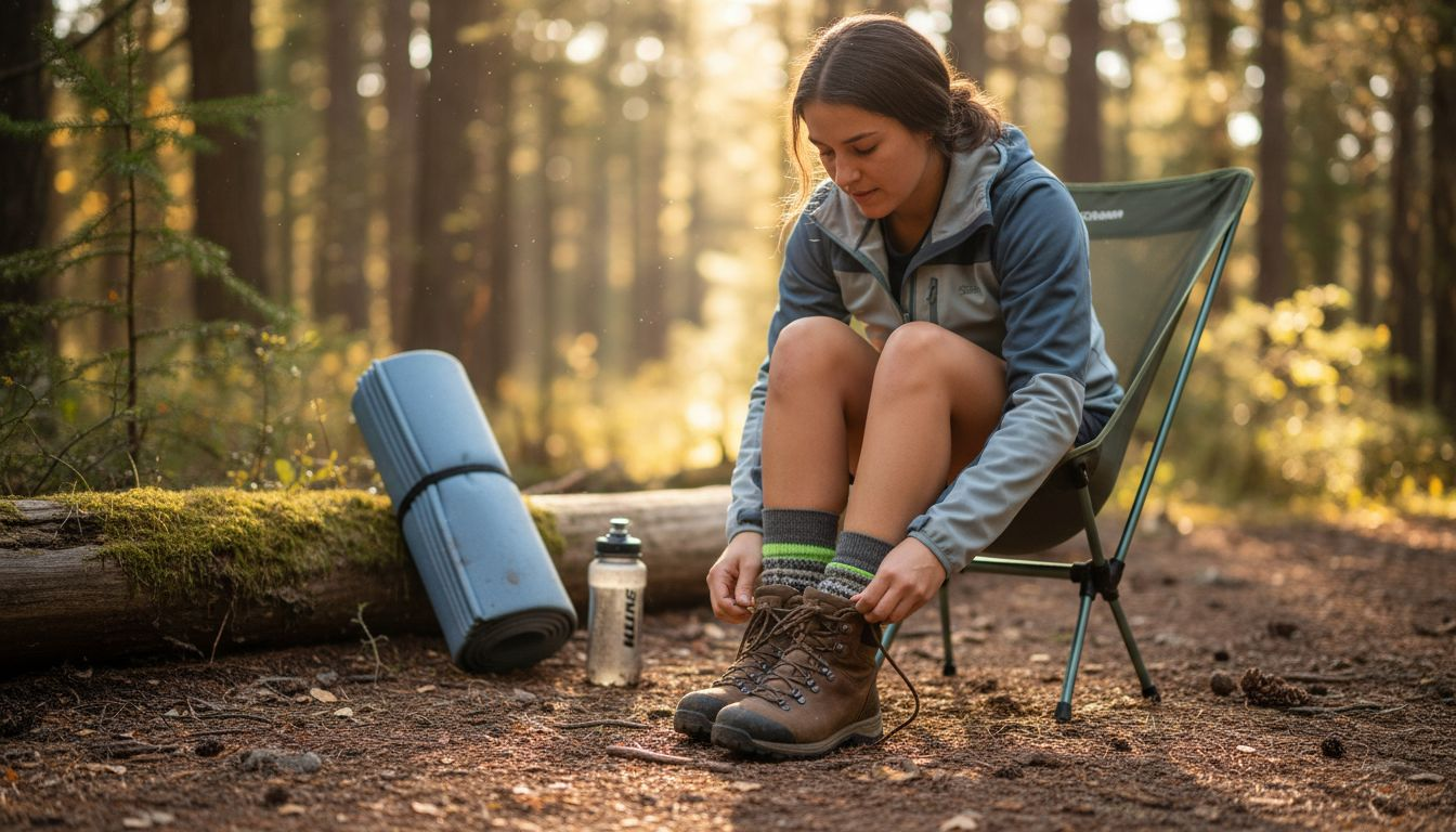 Hiker using backup seat on forest trail