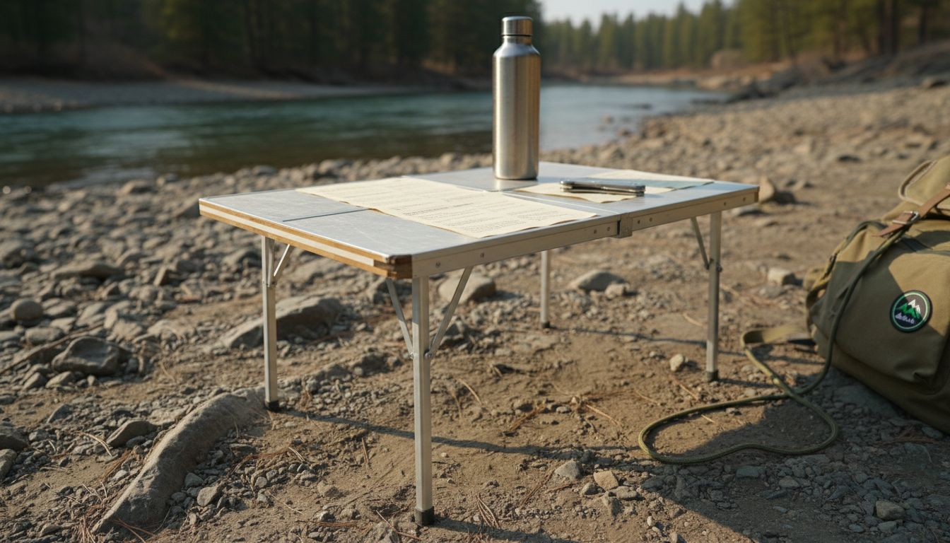 Minimalist camping table with real-world wear