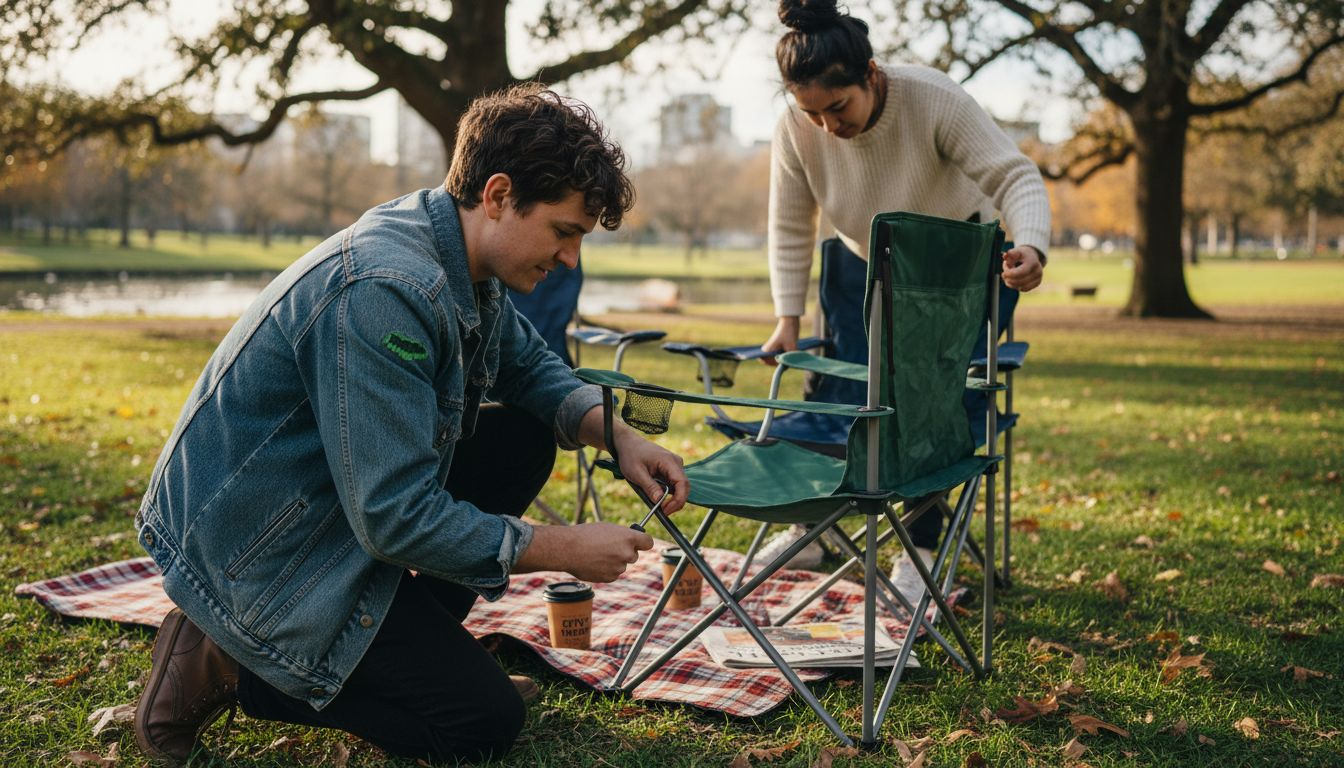 Friends adjusting portable chairs in park