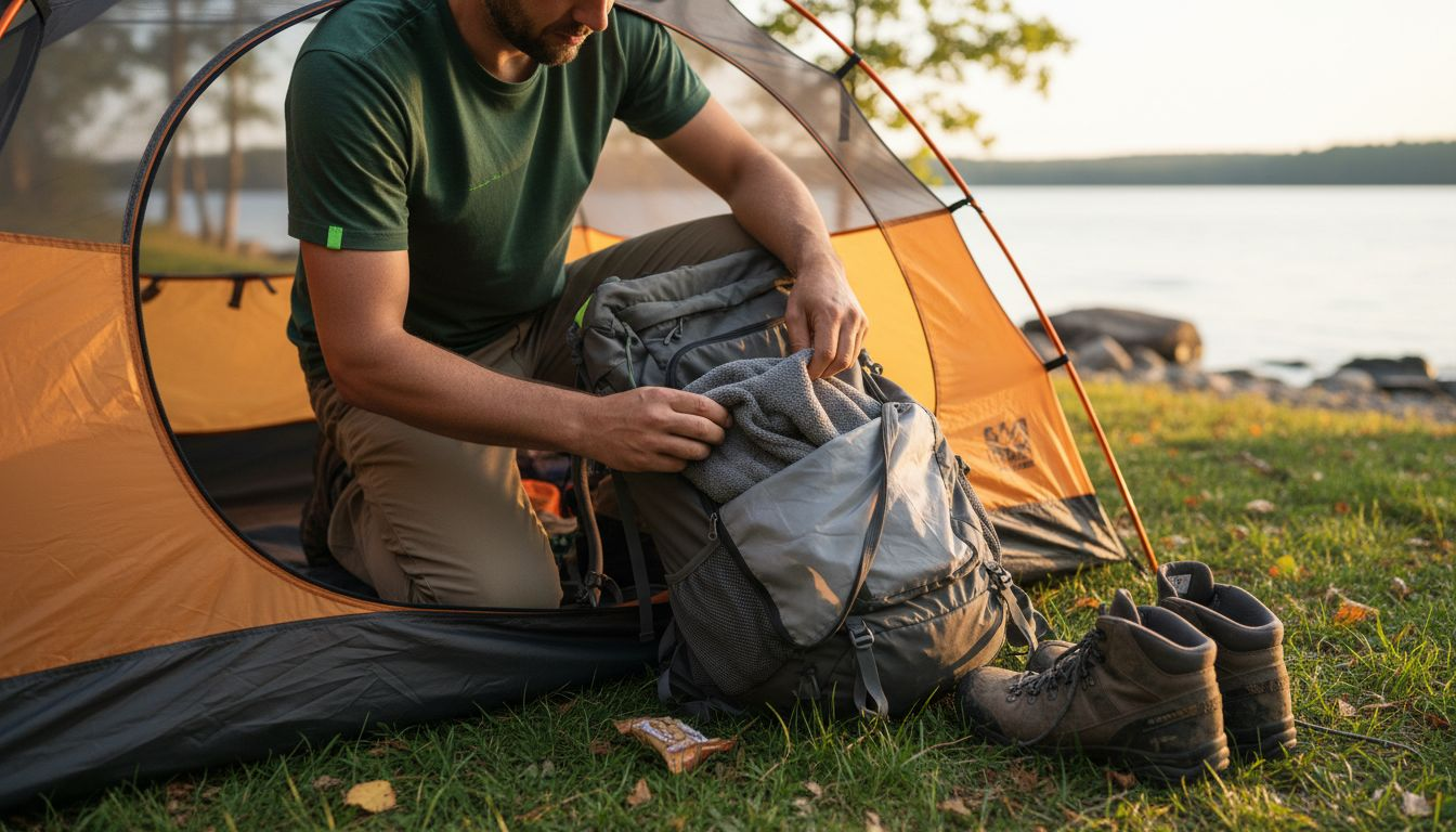 Man folding travel towel at tent entrance
