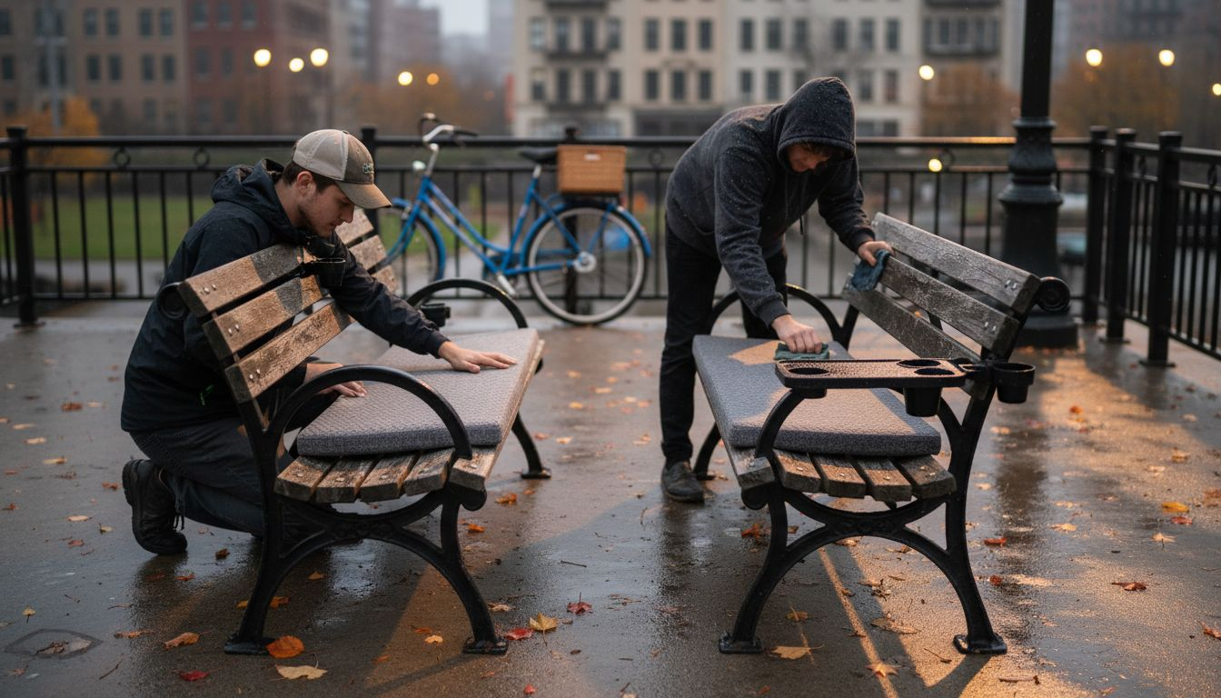 Modern cushions and accessories on park benches