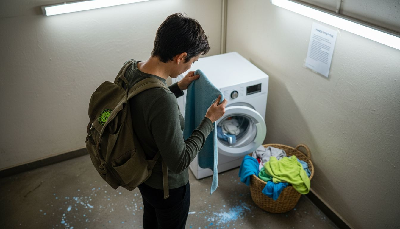 Person inspecting towel in hostel laundry