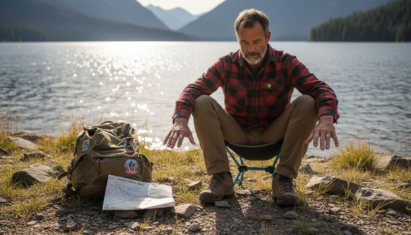 Man testing camping chair stability outdoors