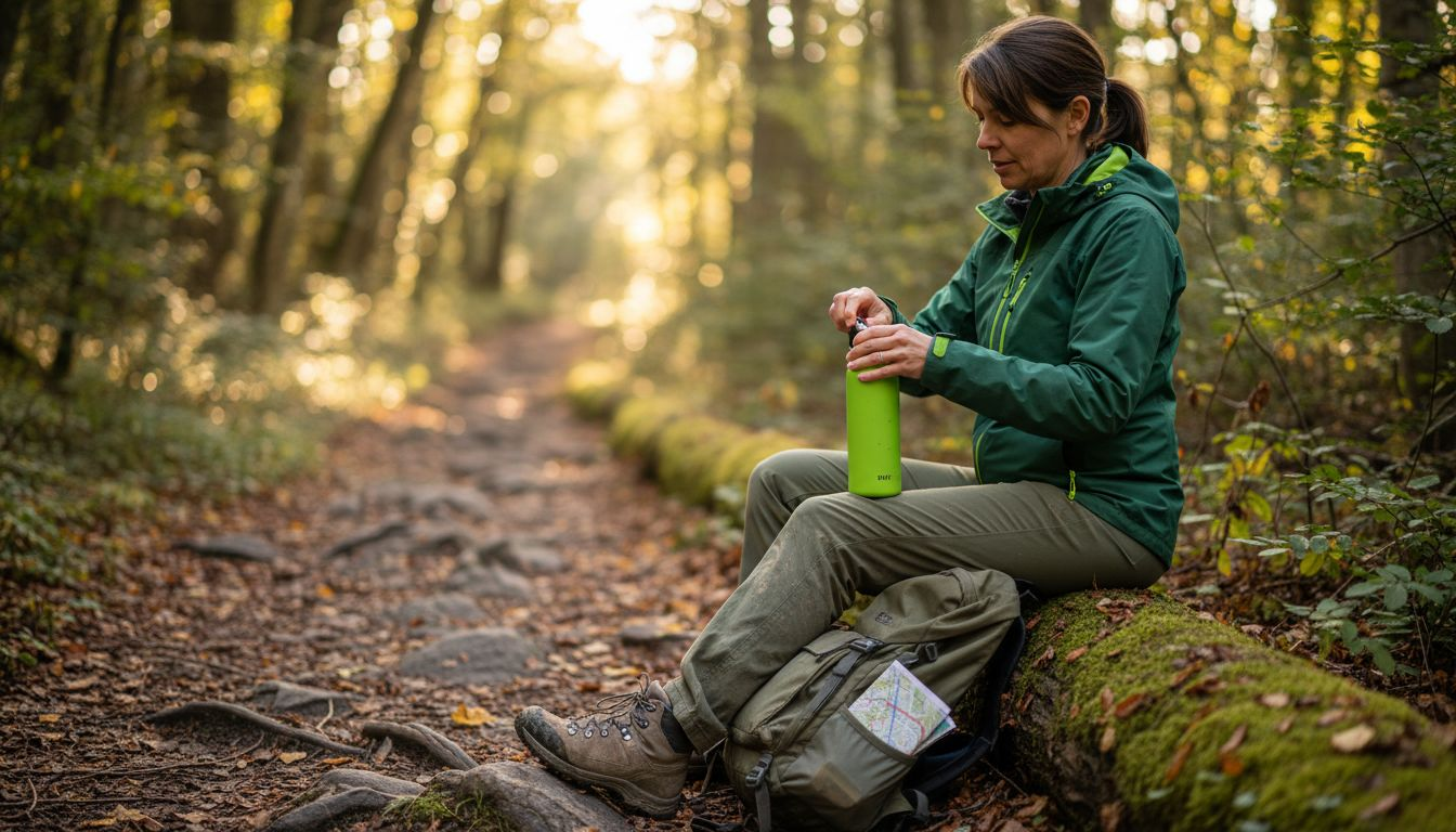 Hiker opening bottle along forest trail