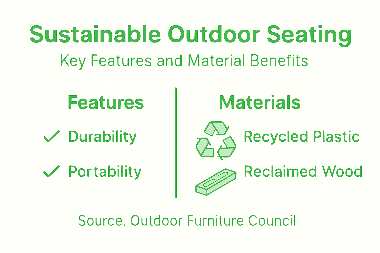 Infographic on sustainable outdoor seating features and materials