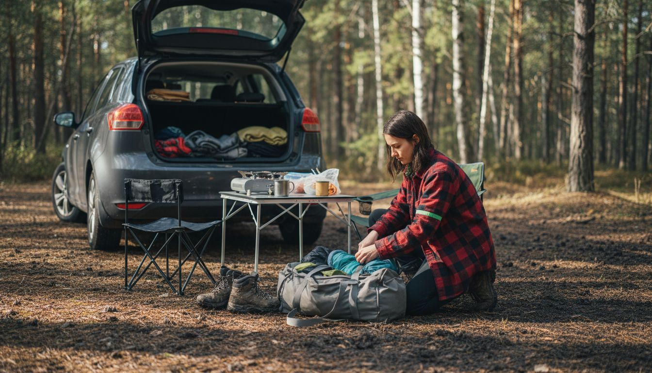 Woman sorting car-camping essentials outdoors