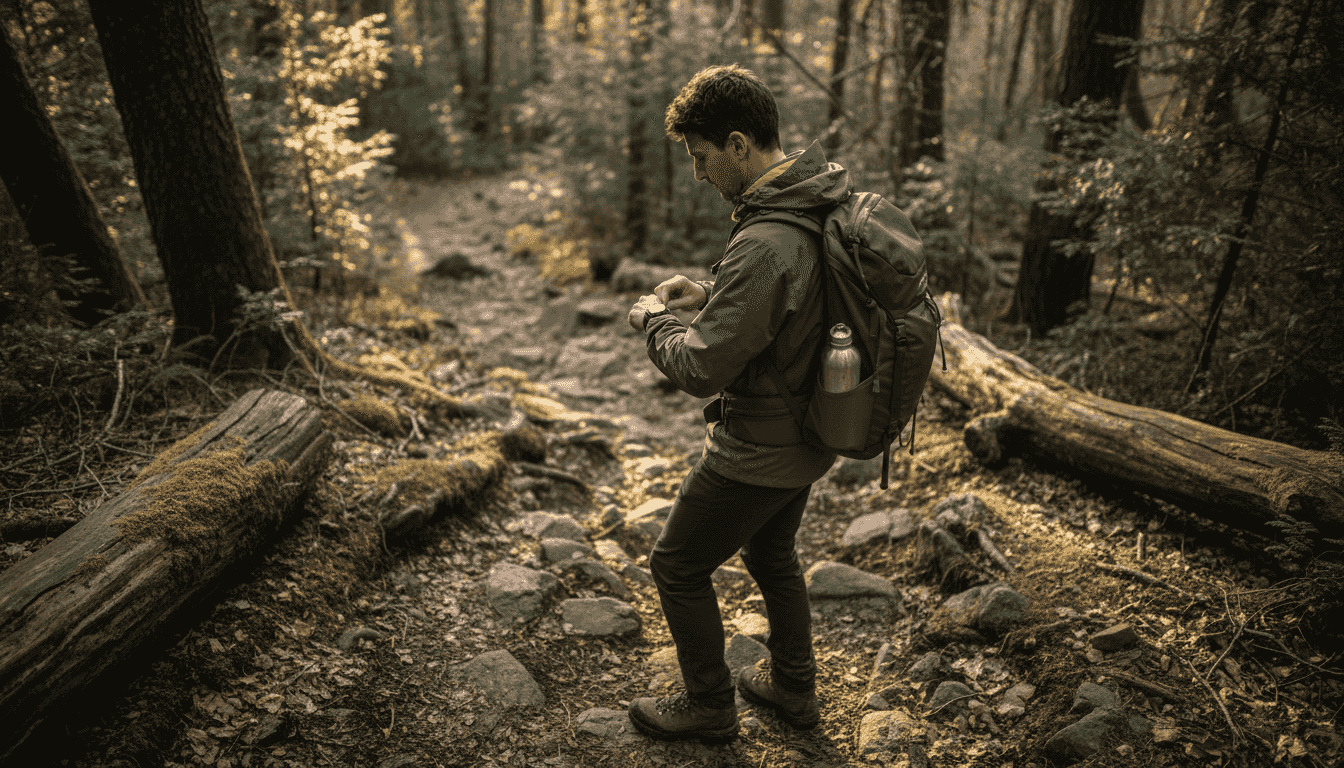 Hiker navigating trail with lightweight backpack