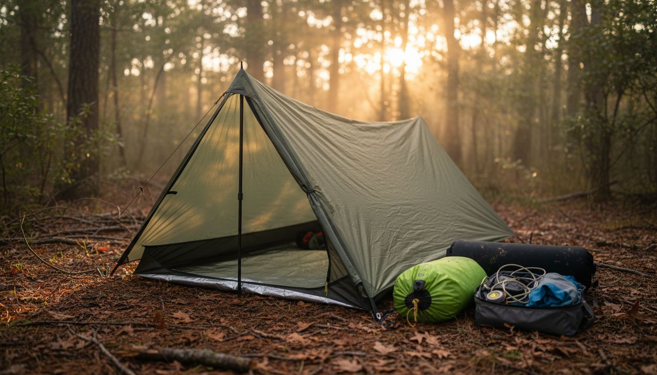 Ultralight tent and gear at campsite
