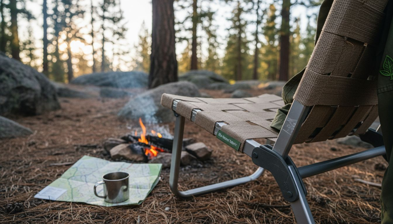 Eco travel chair and materials in woodland campsite