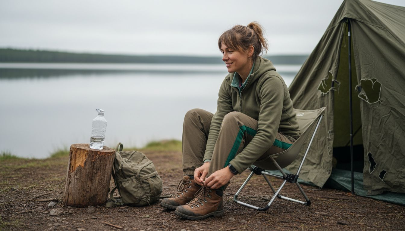 Traveler using portable folding chair at campsite