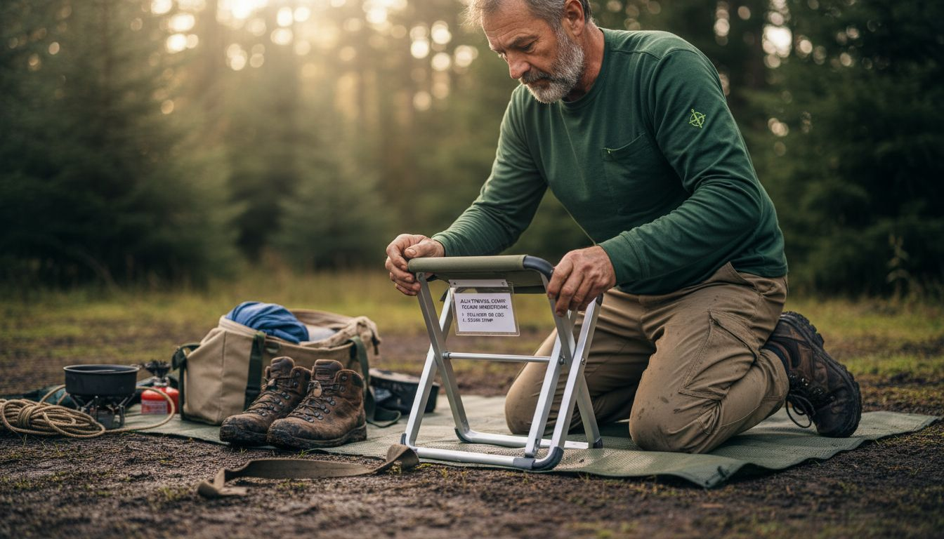 Camper packing foldable travel chair outdoors