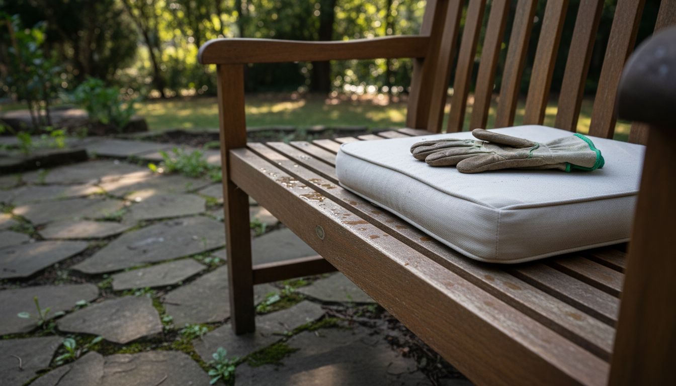 Close-up detail of teak outdoor bench