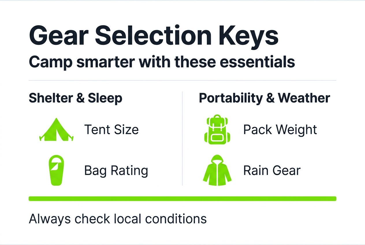 Infographic showing key camping gear selection criteria