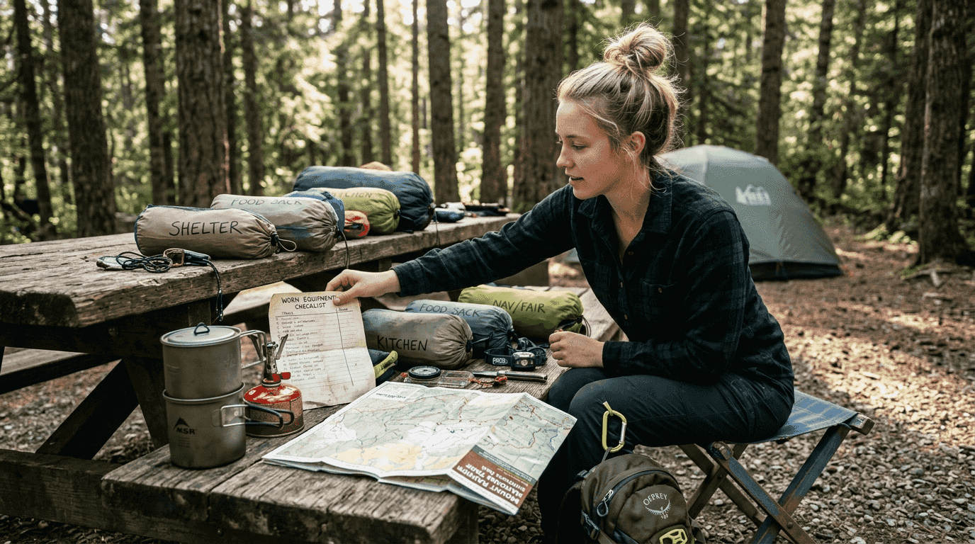 Camper organizing integrated gear at table