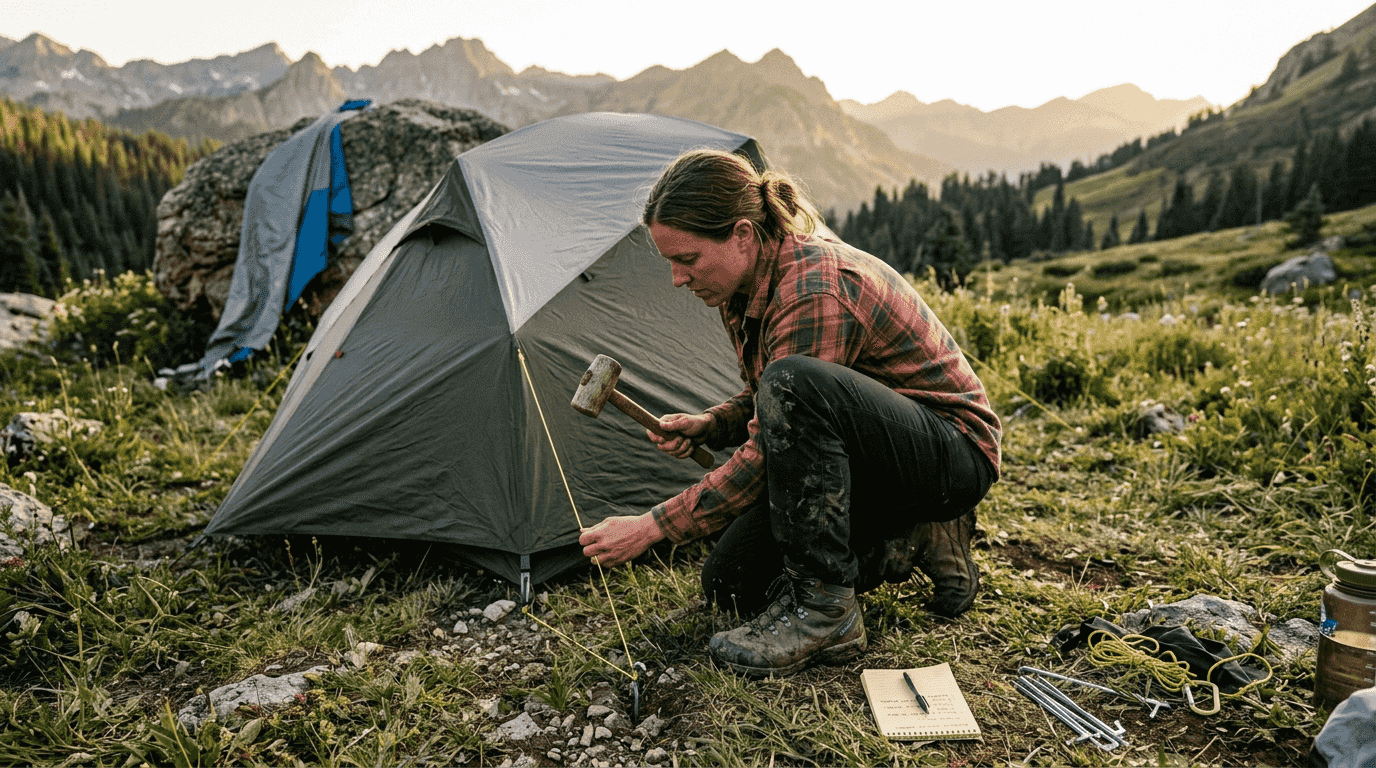 Camper tensioning tent guy lines for stability