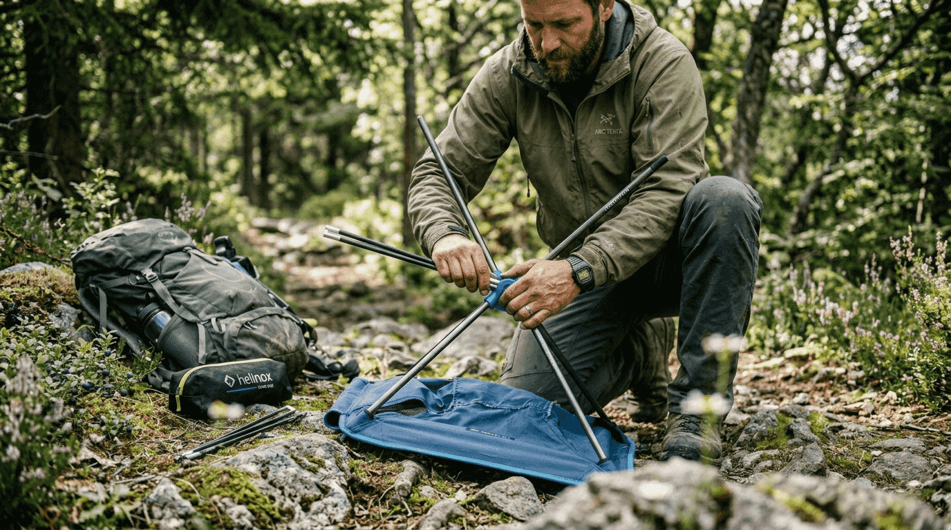 Helinox Chair assembly outdoors on rocky ground