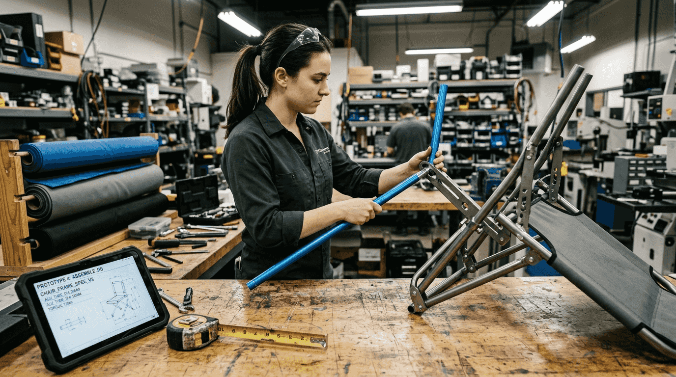 Engineer examines portable chair materials in lab