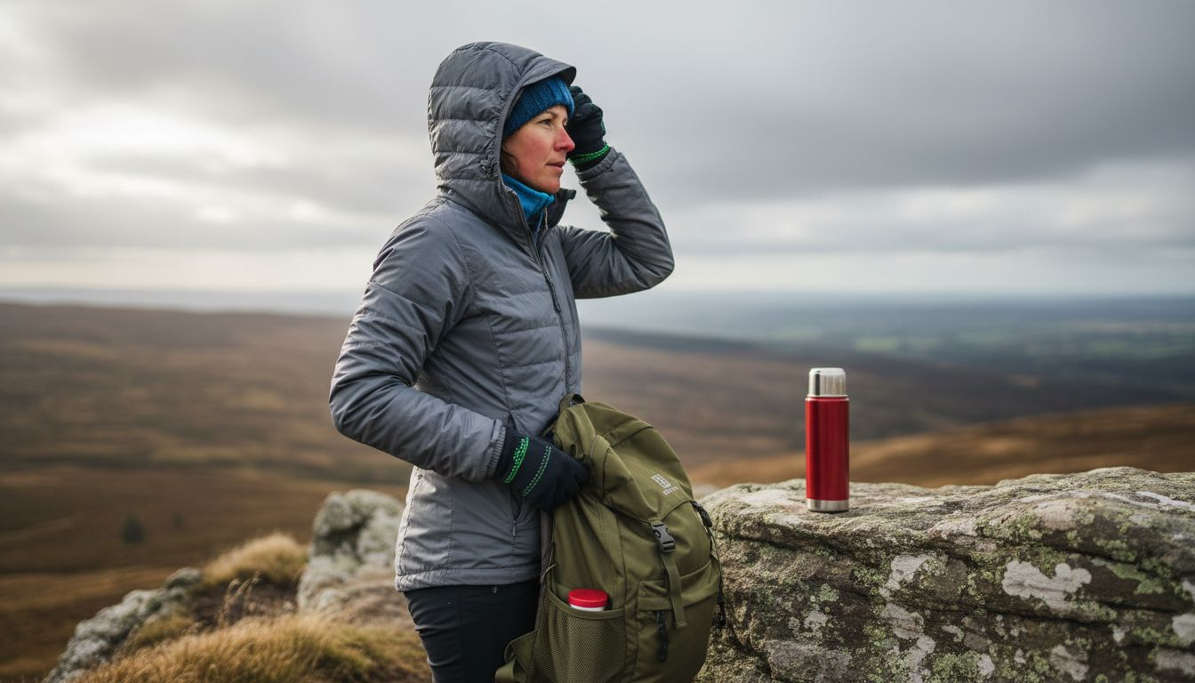 Hiker adjusting layers in cold windy outdoors