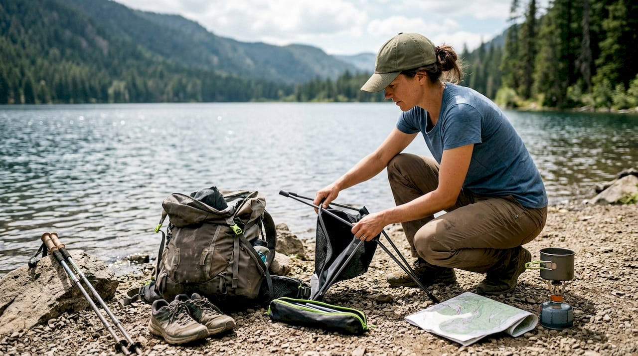 Backpacker assembling ultralight outdoor chair