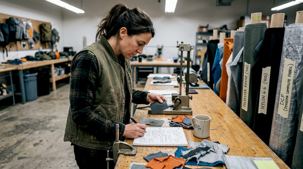Tester examining durability of camping fabrics