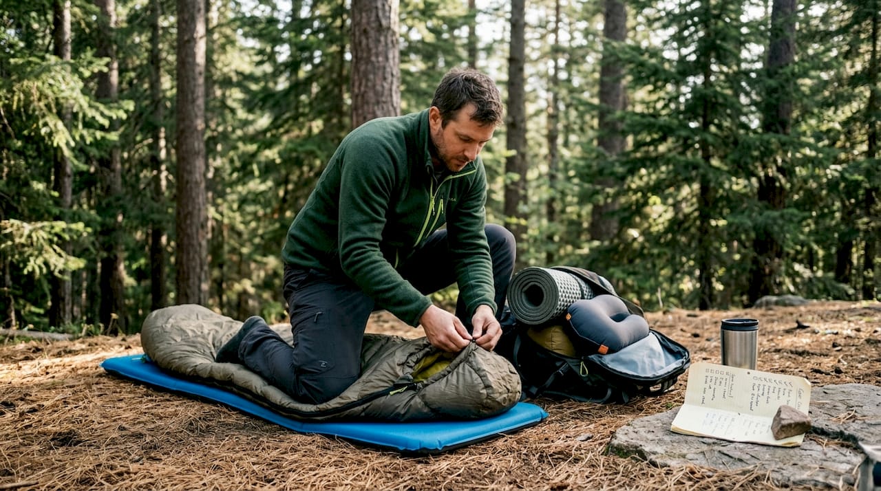 Camper setting up sleeping bag and pad outdoors
