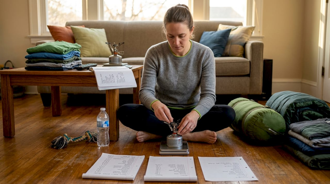 Camper weighs gear in home living room