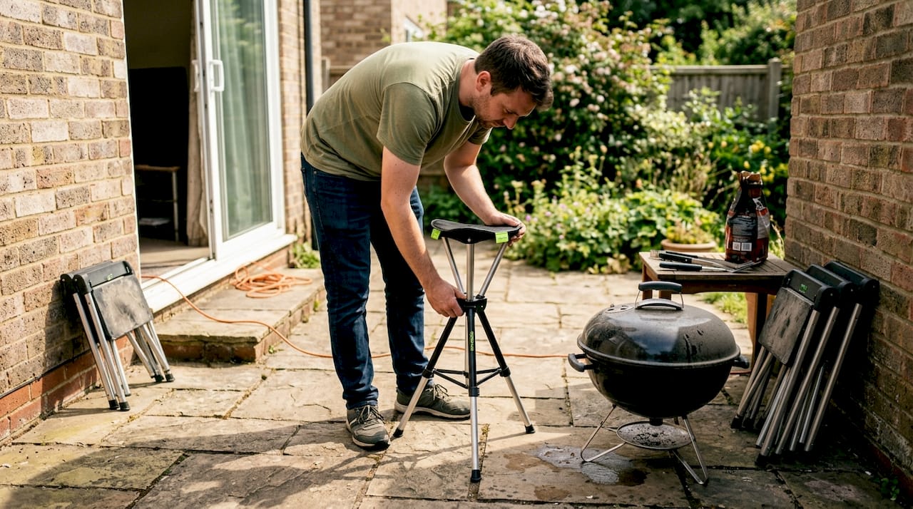 Man assembling modular patio furniture