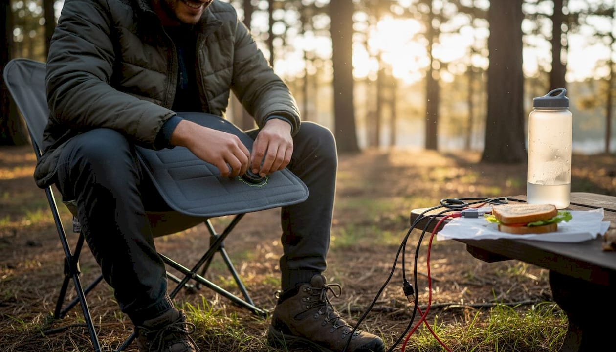 Camper adjusting heated seat pad outdoors