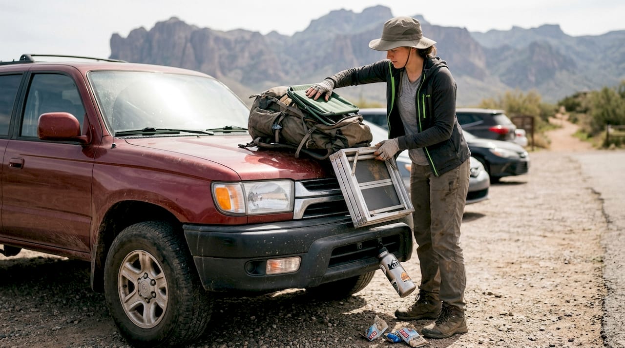 Backpacker sorting convertible furniture at trailhead