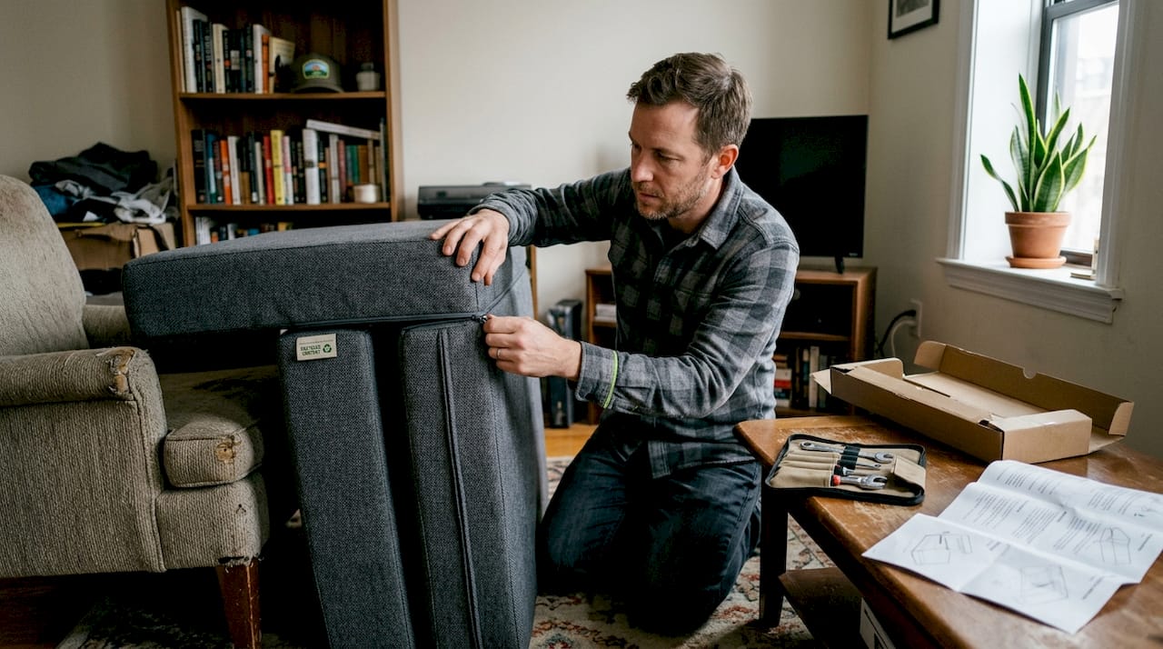 Man checking modular sofa fabric for quality