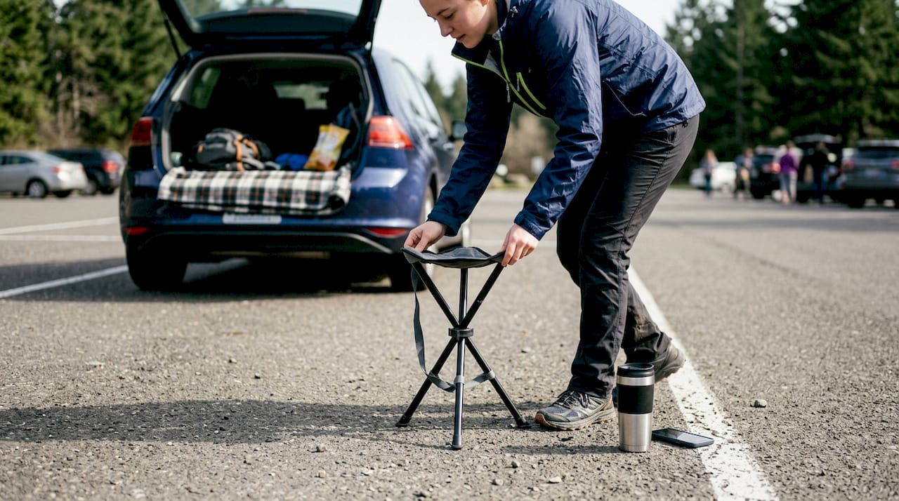 Woman quickly assembling folding stool at rest stop