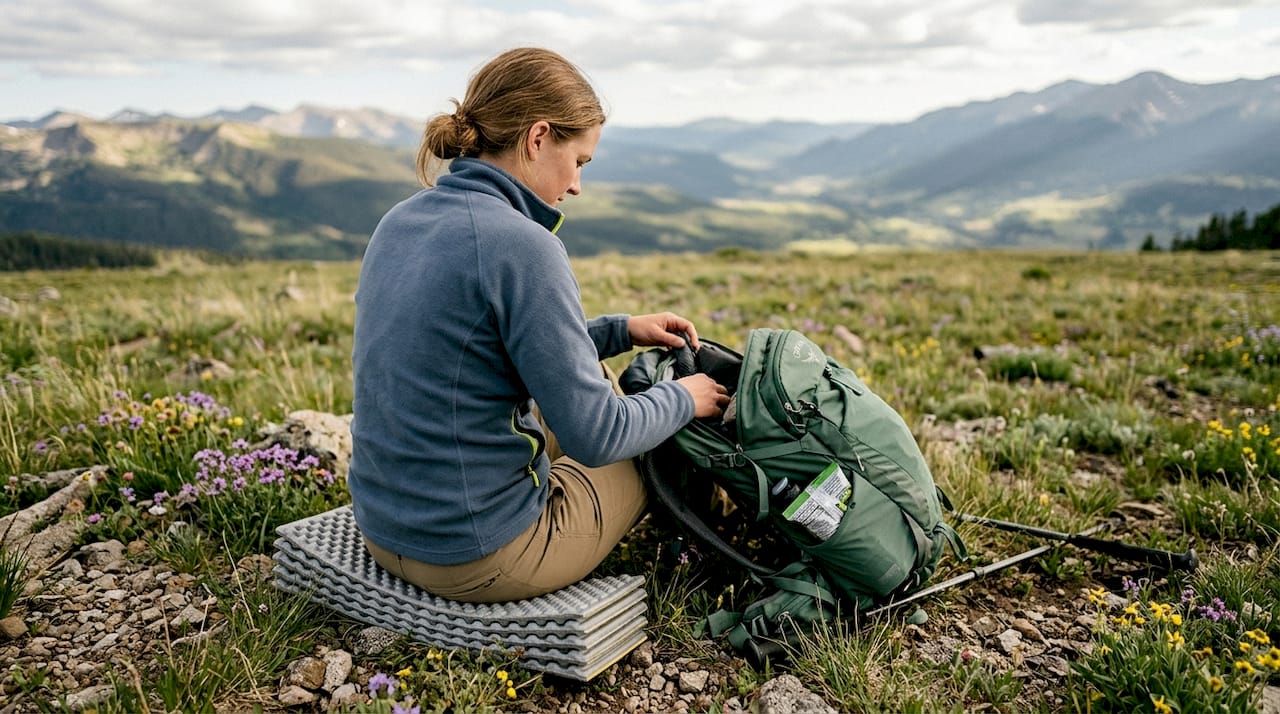 Hiker using ultralight ground chair on hilltop
