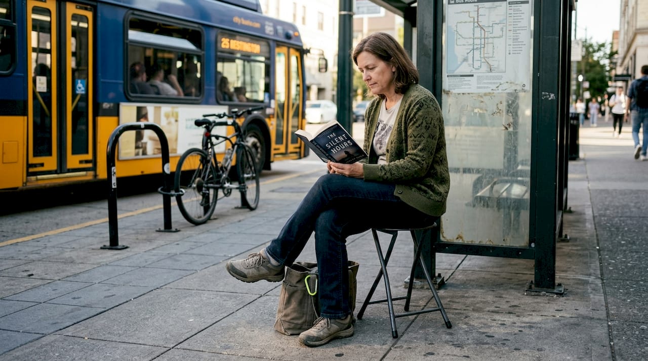 Woman uses portable stool waiting at bus stop