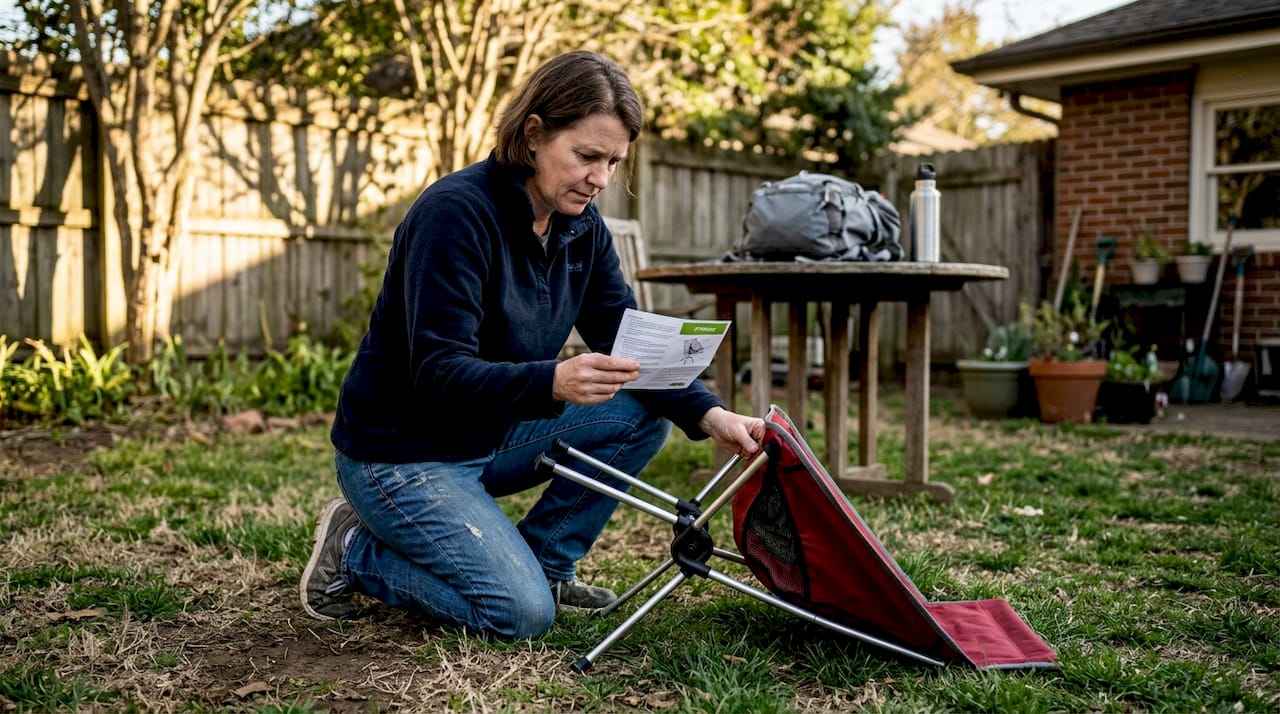 Woman assembling travel chair in backyard