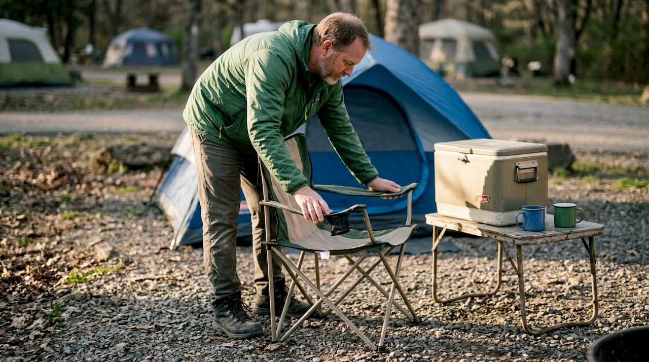 Man testing foldable camp chair on gravel